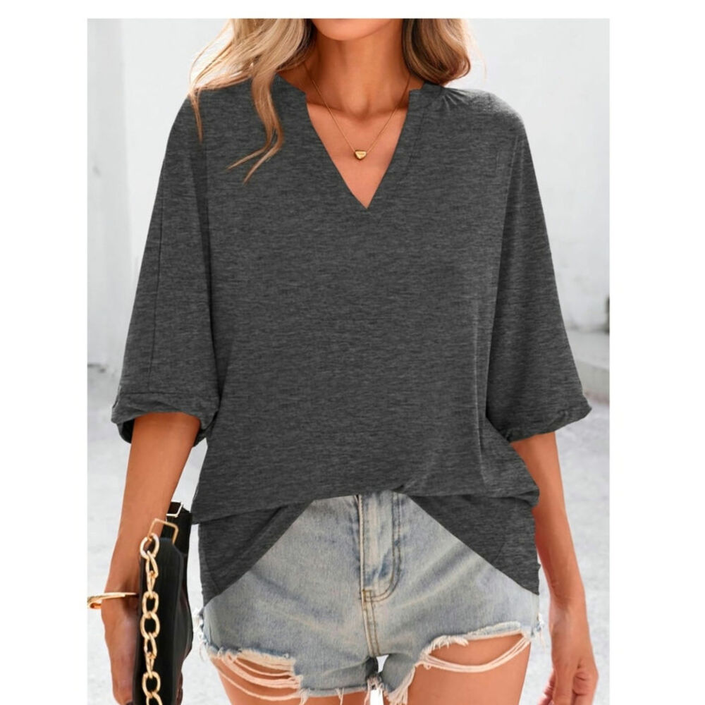 MASCOMODA Oversized Shirt Women SZ M V-Neck Short Sleeve Basic Tunic Loose Fit - Picture 3 of 8